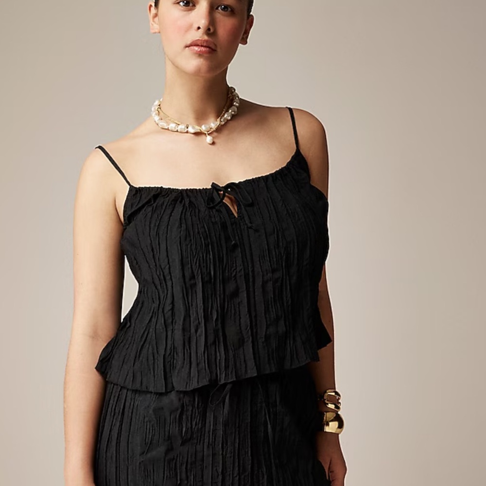 J. Crew Black Crinkled Spaghetti Strap Tank Top Size LARGE NEW WITH TAGS